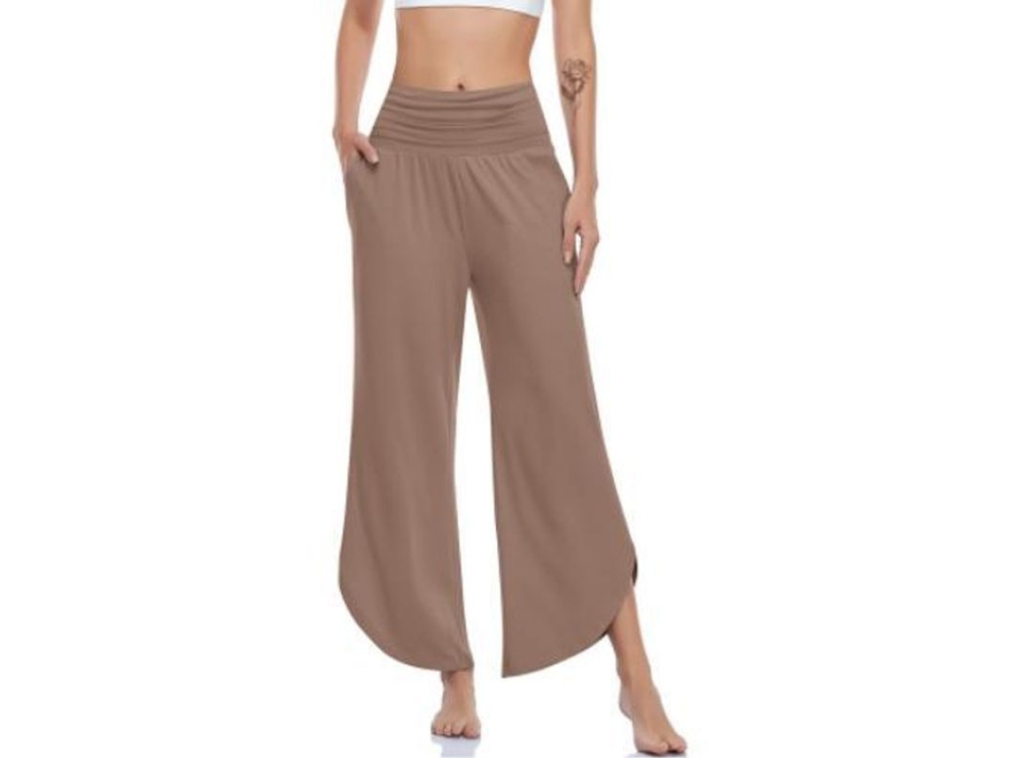 2026 pantalones de Yoga de Pierna Ancha para Mujer de Cintura Alta Confortables Con Bolsillos XL Café Claro