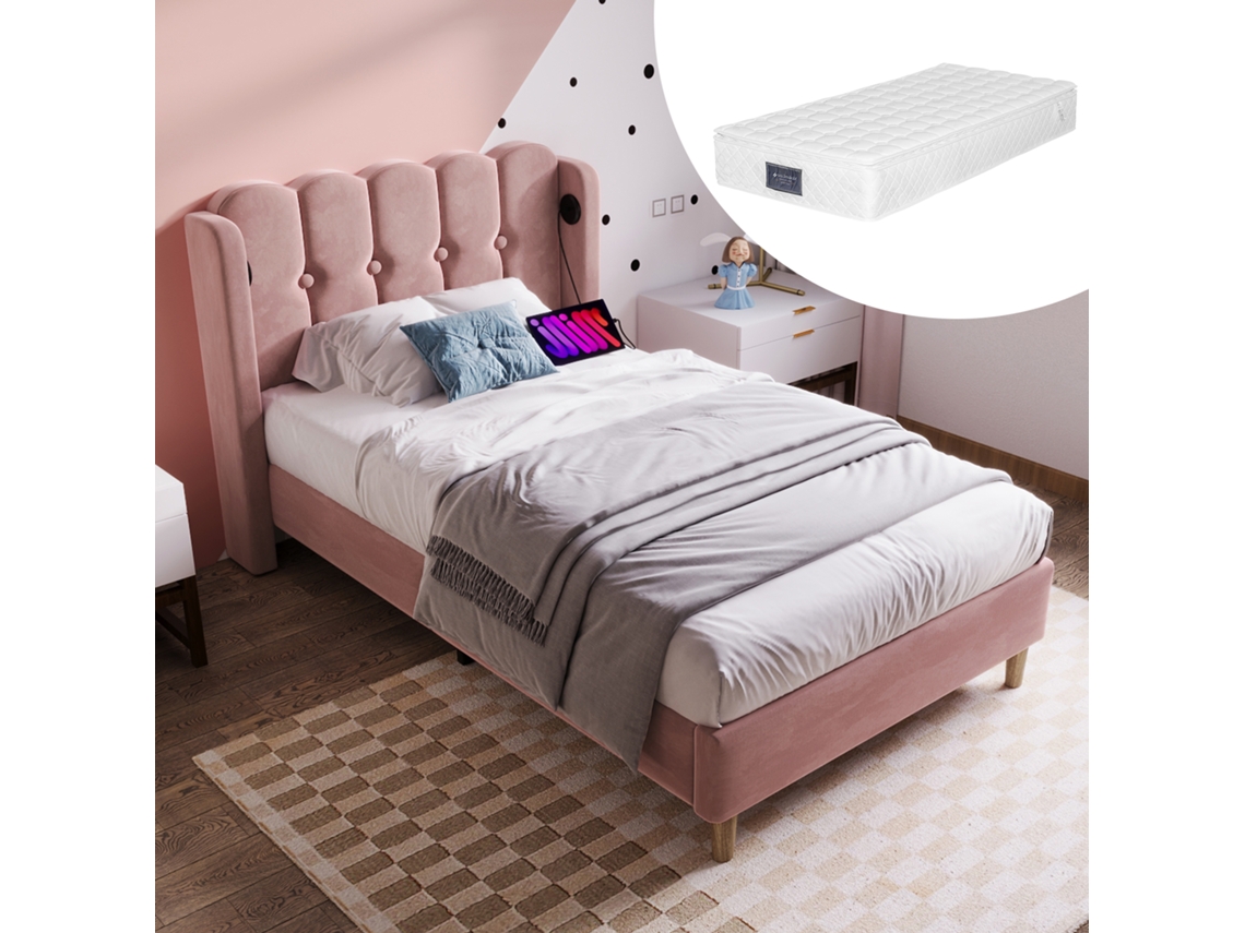 Cama 90x200 Veludo Rosa com Usb c e Colchão