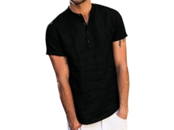 Camisa Henley Masculina De Linho Com Manga Curta Camiseta Casual Verão Camisola Top Preto