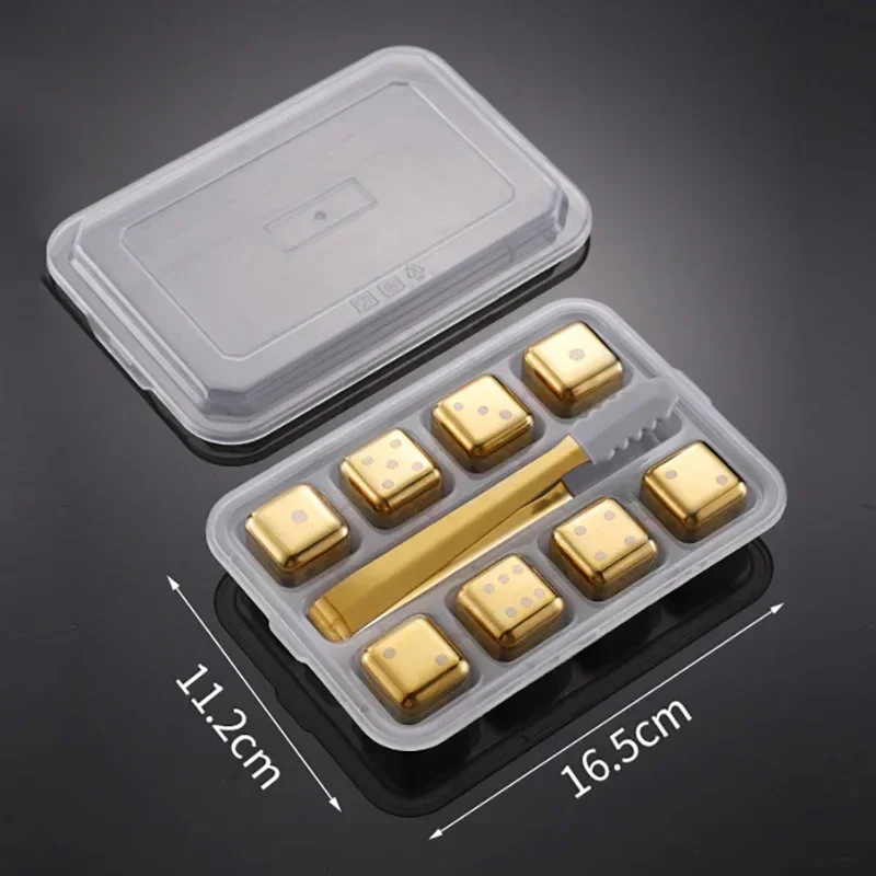 Cubos de Gelo Reutilizáveis de Aço Inoxidável, Congelamento Rápido, Metal de Qualidade Alimentar MDUG (ouro, 8pcs, com Grampos)