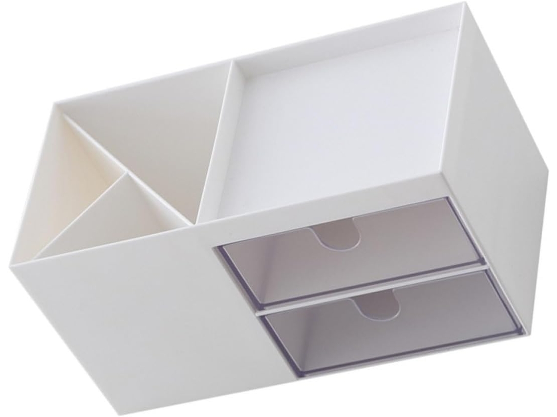 Caixa Organizadora De Mesa Com Duas Gavetas, Em Plástico Branco.