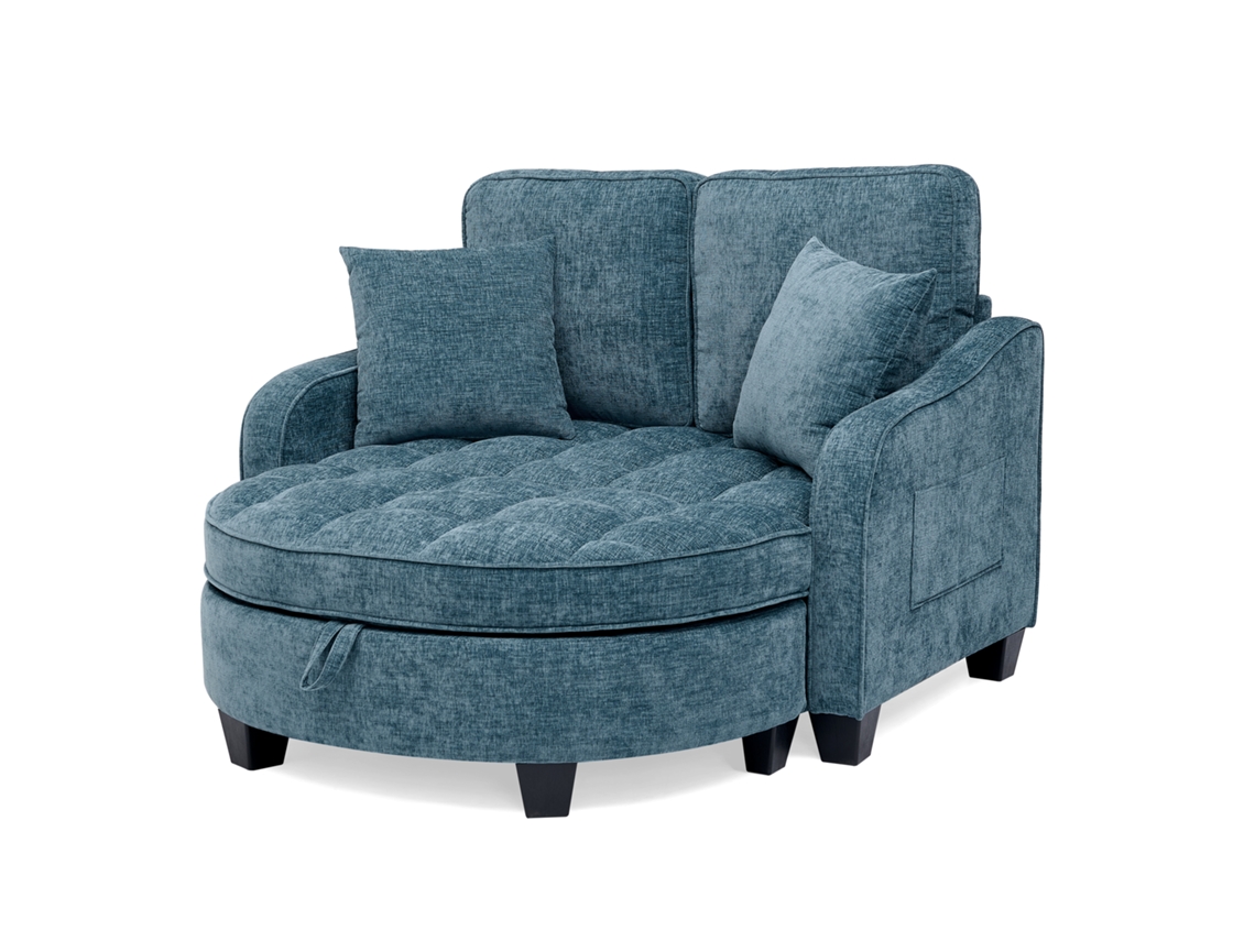 Sofá Multifuncional 2 Em 1 Com Cama E Puff, Tecido Respirável, Madeira De Eucalipto Ecológica, Ideal Para Ambientes Pequenos Azul