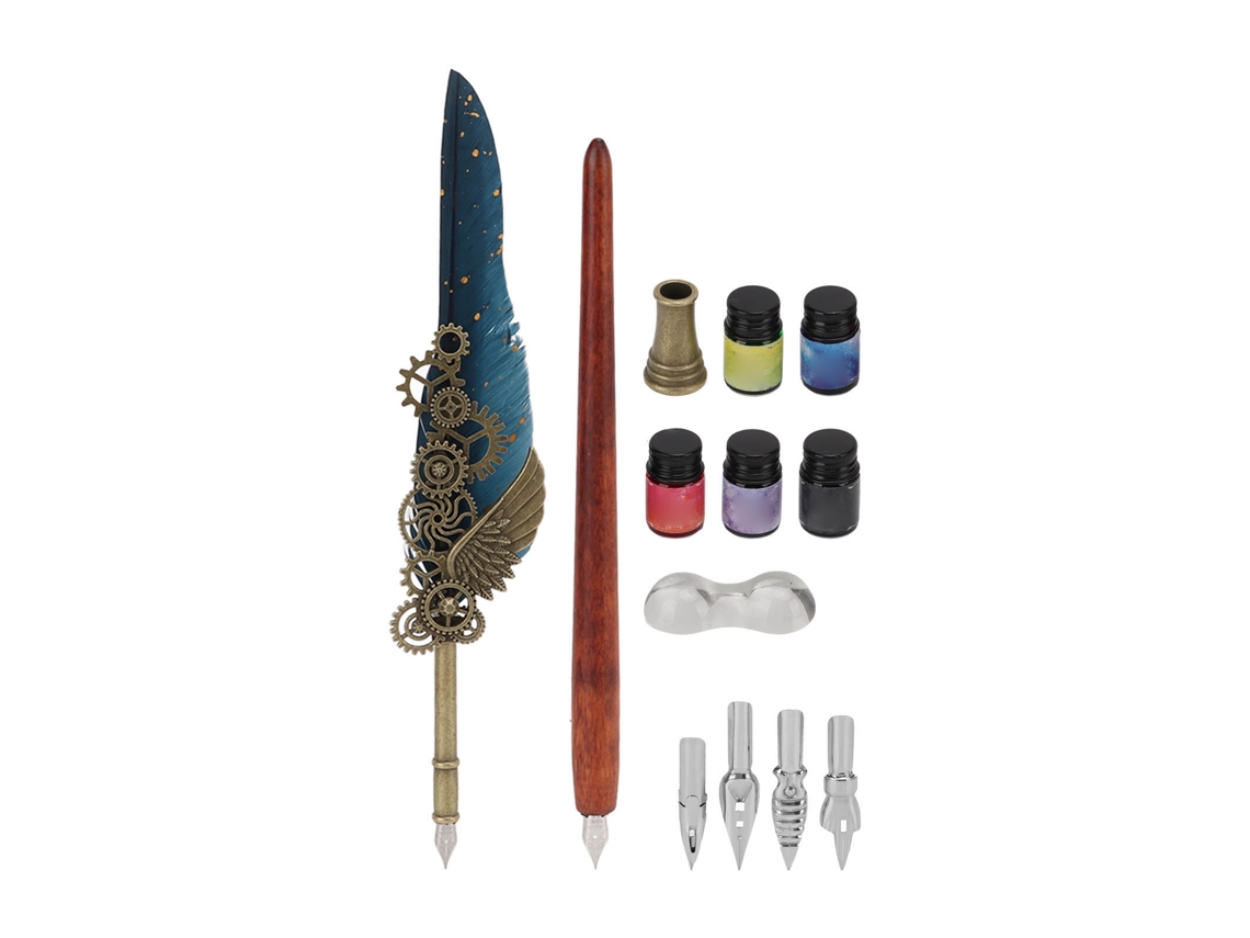 Set Pluma Pluma De Ave Estilo Vintage Con Puntas De Acero Inoxidable Para Caligrafía Azul Oscuro