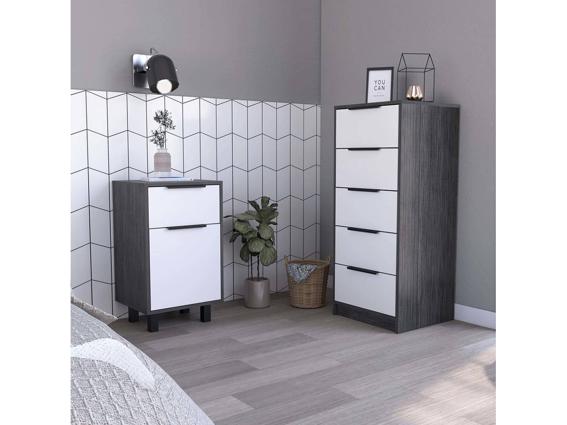 Conjunto de Mesa de Cabeceira e Cómoda TUHOME Kaia (Cinzento e Branco - Aglomerado - 107x45x41.3 cm)