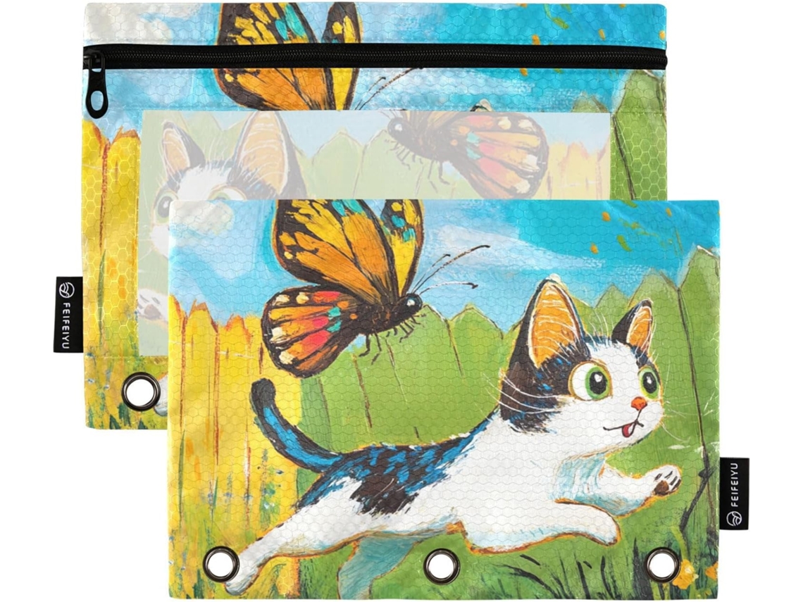 Pasta Executiva Com Estampa De Gato E Borboleta, Visor Transparente, Tamanho Grande, Com Ilhós E 3 Argolas