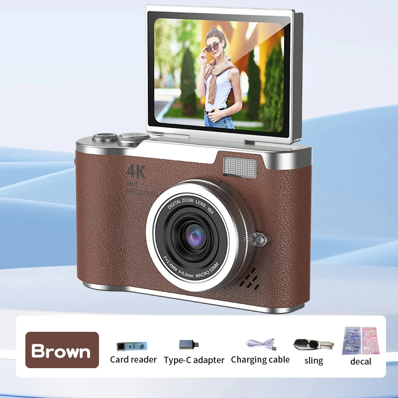 Câmera Digital 4k de 48mp, Recarregável, Tela de 2,4 Polegadas, Adequada para Iniciantes. MDUG (marrom)