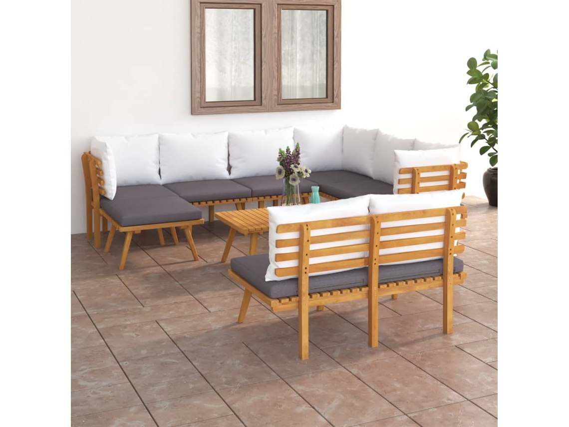 Vidaxl 9 Pcs Conjunto Lounge De Jardim Com Almofadões Acácia Maciça