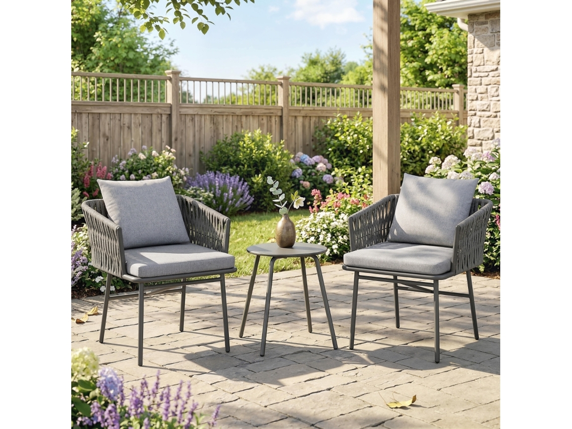 Conjunto Bistrô de Exterior 3 peças, 2 cadeiras, mesa em rattan artificial, estrutura de aço, 4 almofadas cinza MEGA ECHO TRADE SHOP