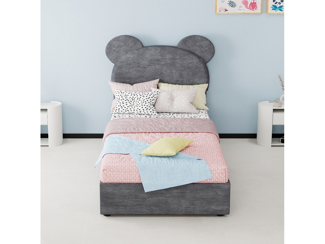 Cama Estofada Minimalista Com Encosto Cartoon Macio, 90x200 Cm, Cinza, Base Alta Com Pistão A Gás, Quarto Funcional. Colchão Não Incluso.