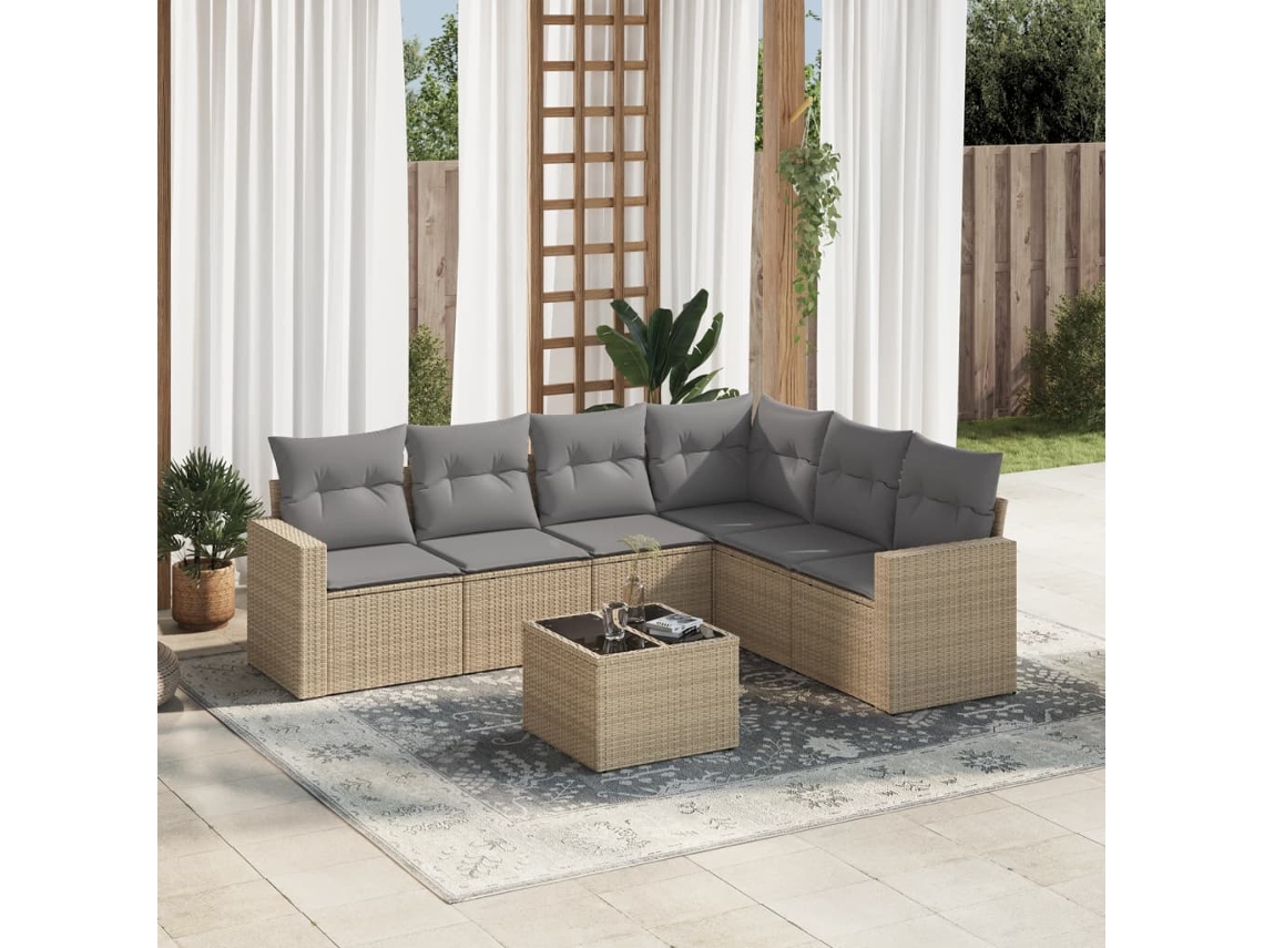 Vidaxl 7 Pcs Conjunto De Sofás P/ Jardim Com Almofadões Vime Pe Bege