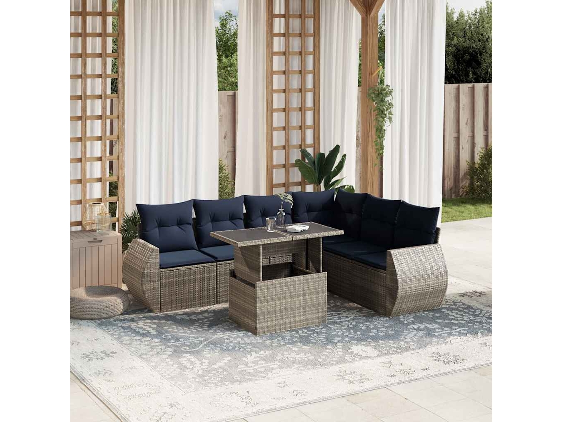 Vidaxl Conjunto De Sofá De Jardim Com 7 Peças E Almofadas Em Rattan Sintético Cinza