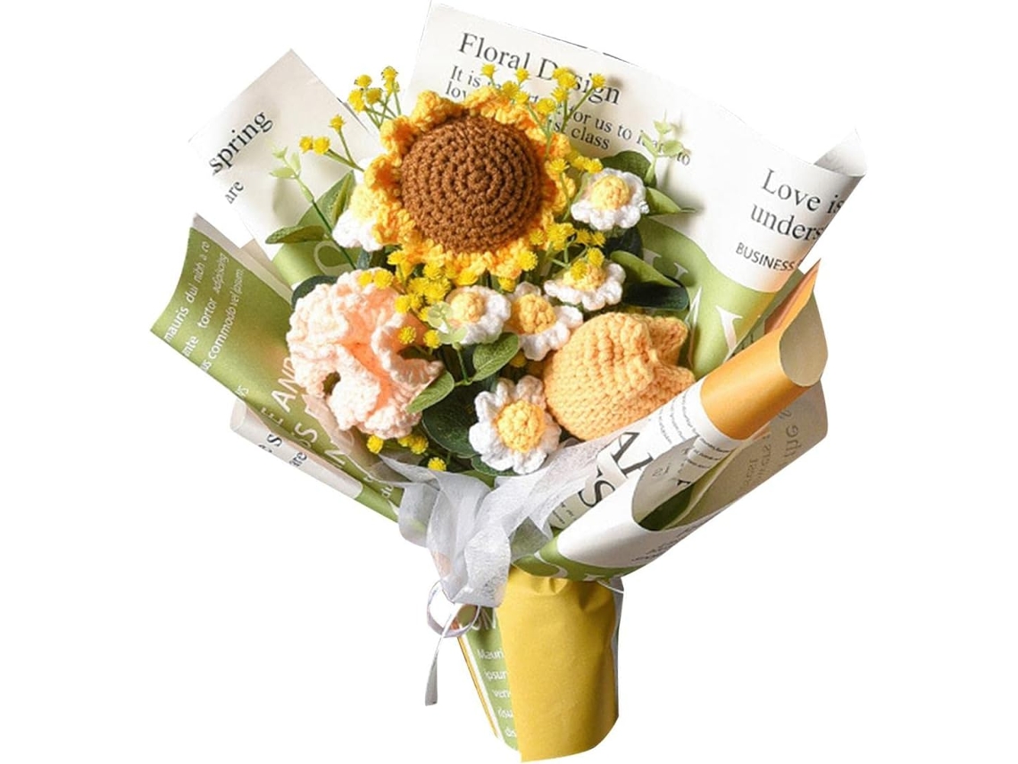 Buquê de Flores de Crochê Pronto, Rosas e Margaridas Tricotadas, Presente de Aniversário, para Casa AQUAFORGE