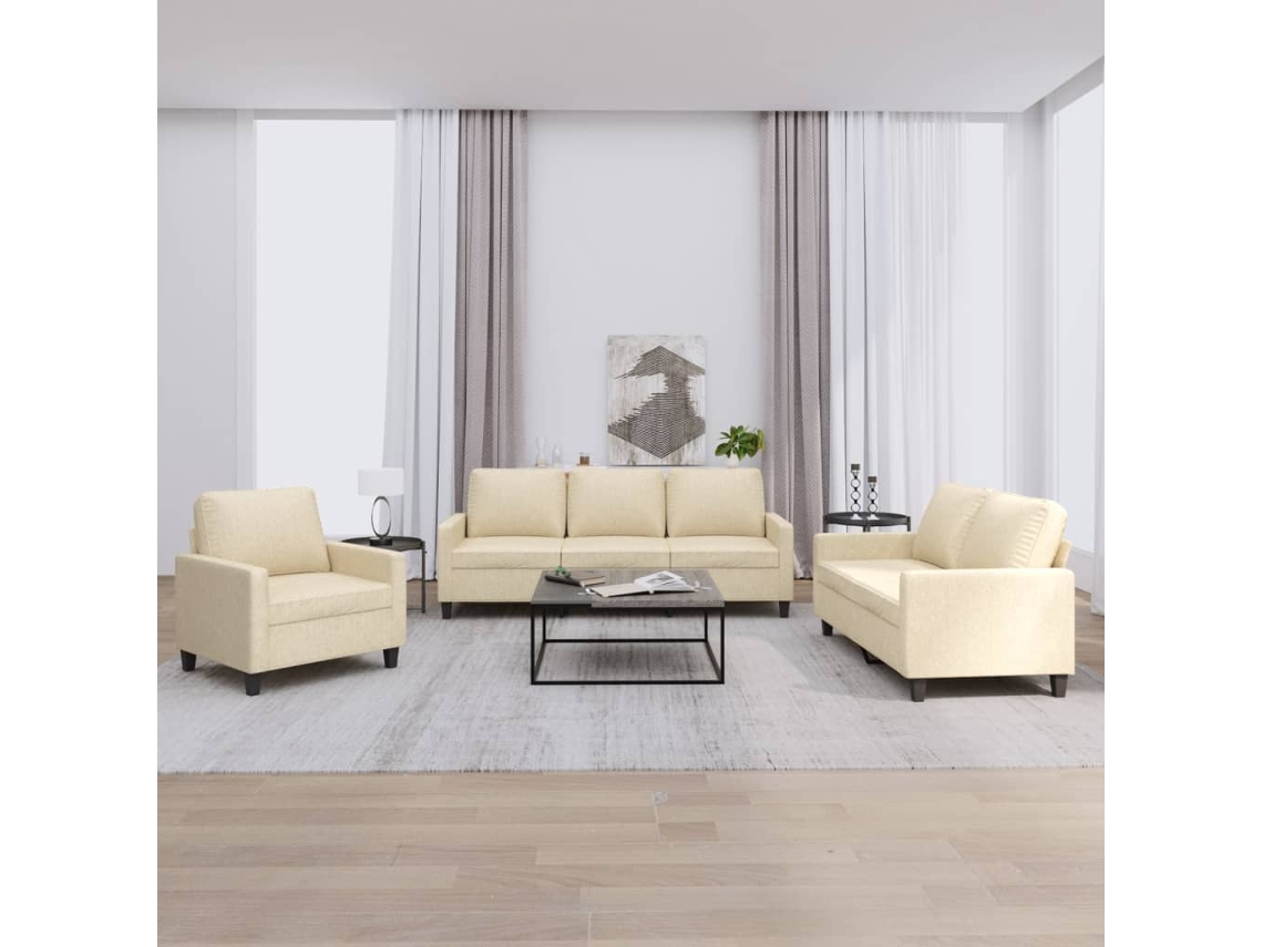 Vidaxl 3 Pcs Conjunto De Sofás Com Almofadões Tecido Cor Creme