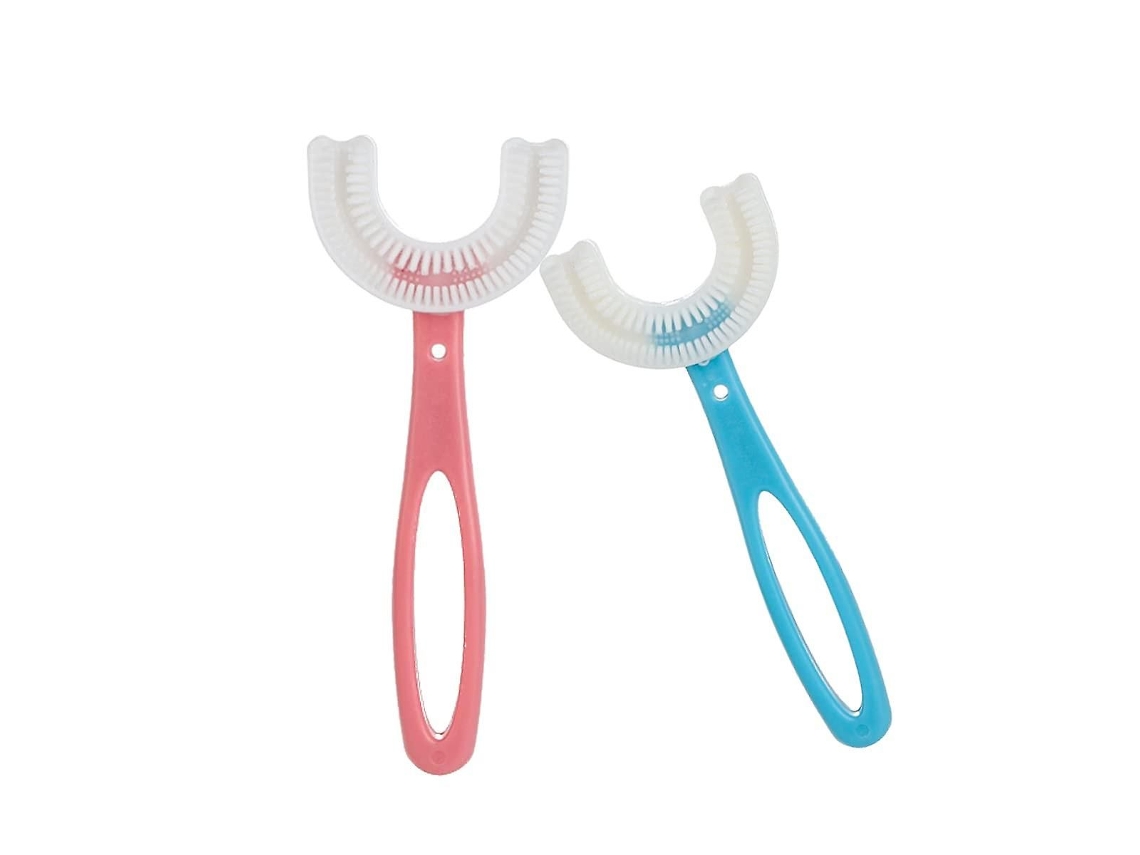 Kit com 2 Escovas de Dentes Infantis em Formato U, Escova Manual Macia para Treinamento Crianças 6 a 12 Anos GOKOCO (rosa + Azul)