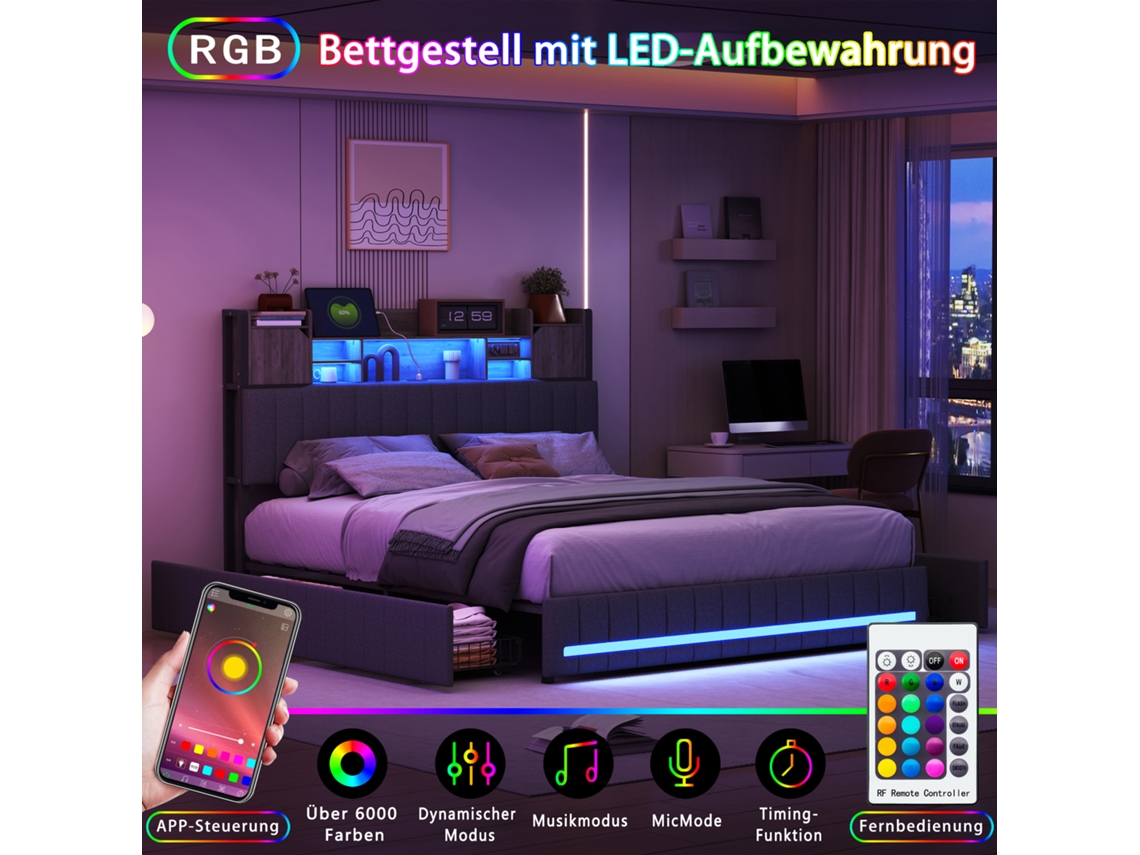 Cama 160x200 Cm Com Led, Usb E 4 Gavetas, Linho Ycone (cinza)