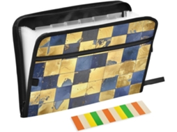 Pasta Expansível Quadriculada Azul e Dourada com 13 Bolsos A4 Organizador de Papéis Fecho Zíper para Casa, e