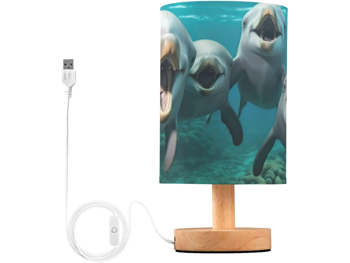 Abajur De Cabeceira Led Em Formato Golfinho, Perfeito Para Quarto, Leitura Com Cúpula De Tecido, Base De Madeira E Porta
