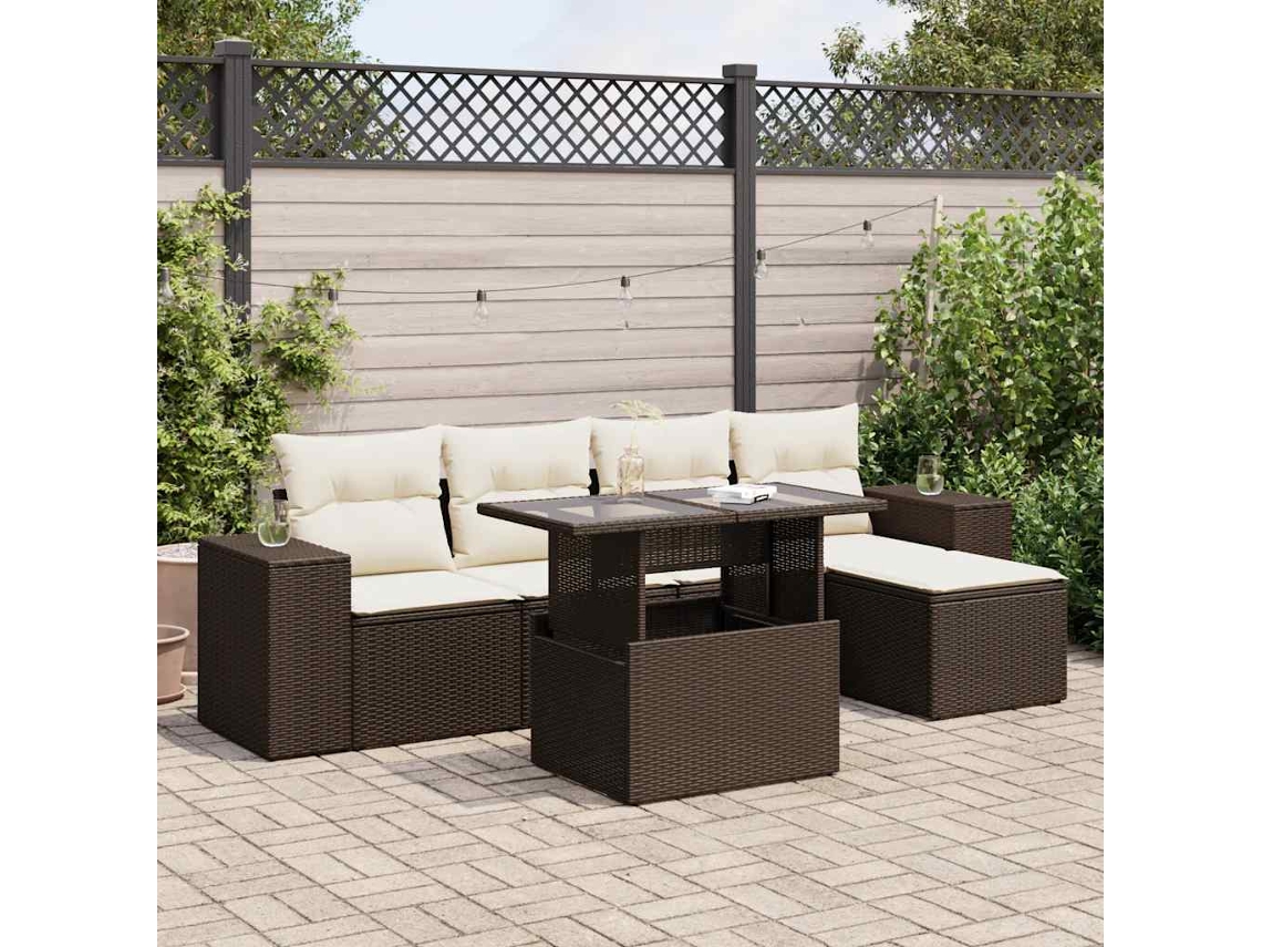 Vidaxl 6 Pcs Conjunto De Sofás Jardim C/ Almofadões Vime Pe Castanho