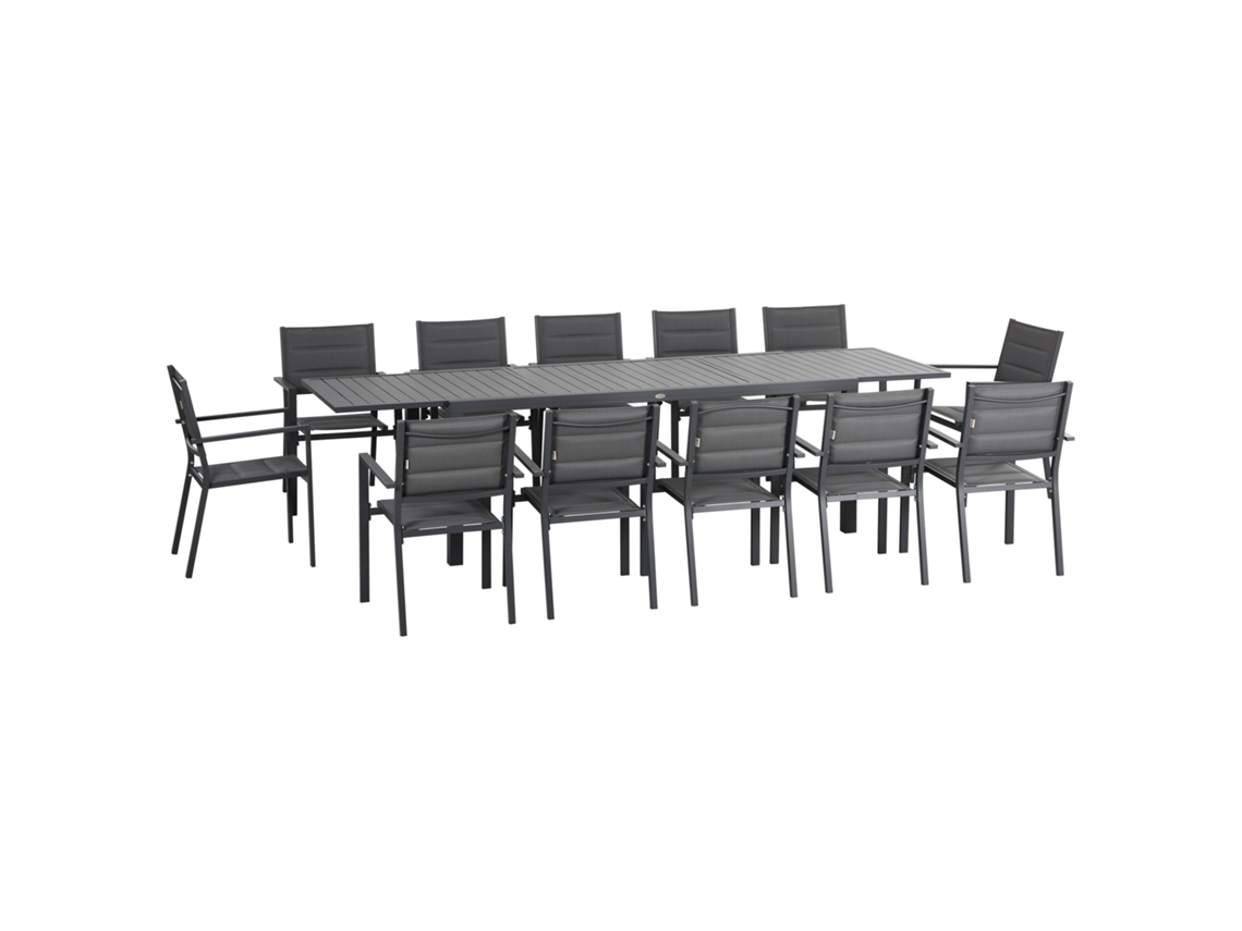 Mesa Extensível Alumínio S/MARCA para 8/12 pessoas, com 12 cadeiras empilháveis, cinza