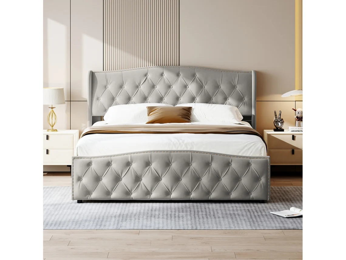 Cama Casal Hidráulica 160x200cm Com Led, Armazenamento Sob Cama, Veludo Samt Cinza Escuro, 250kg, Design Onda Moderno