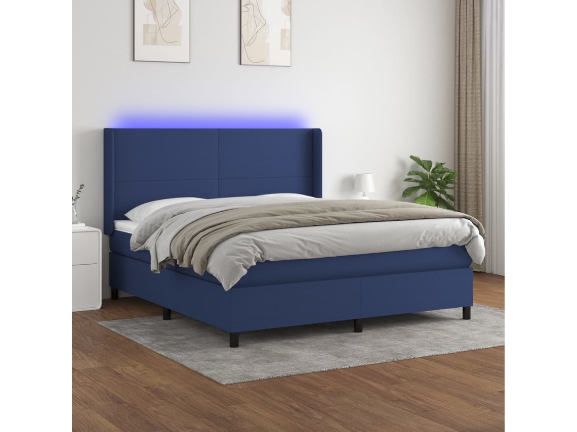 Vidaxl Cama Box Spring C/ Colchão E Led 180x200 Cm Tecido Azul