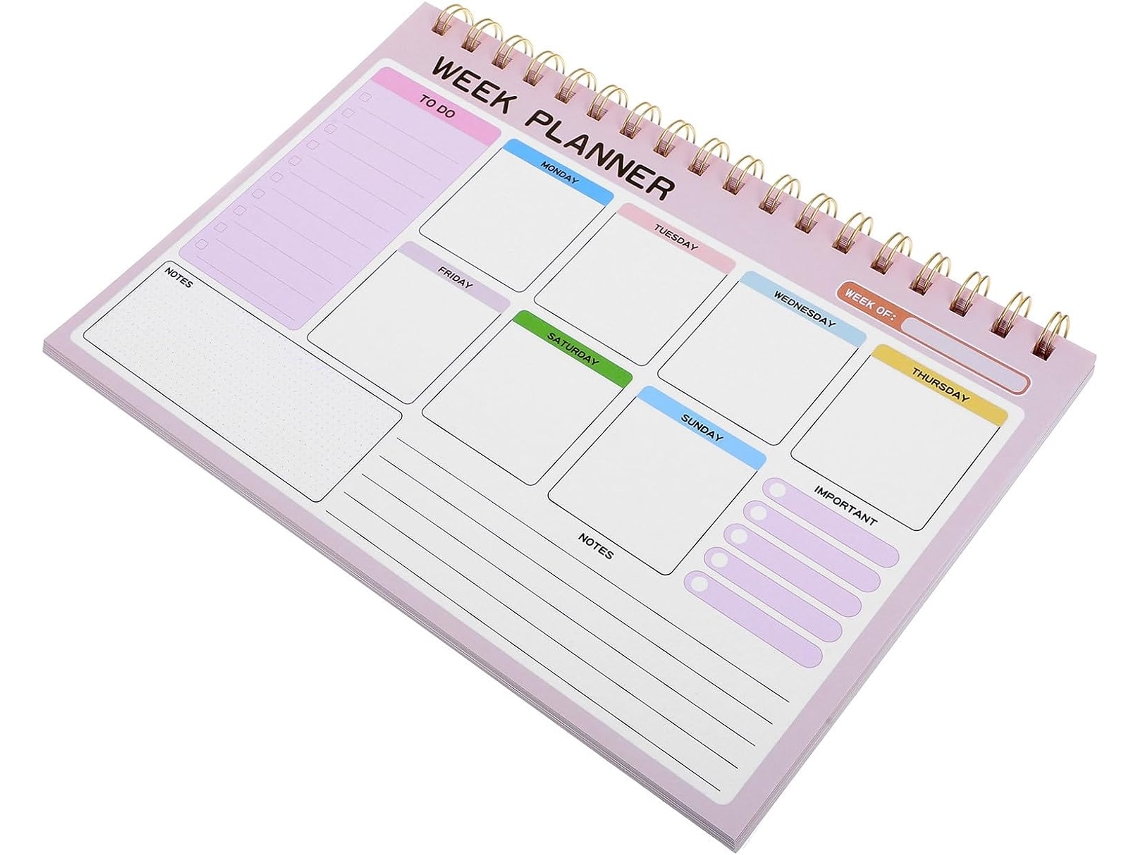 Agenda semanal rosa com folhas em espiral, diário semanal para escritório e casa, rastreador de tempo.