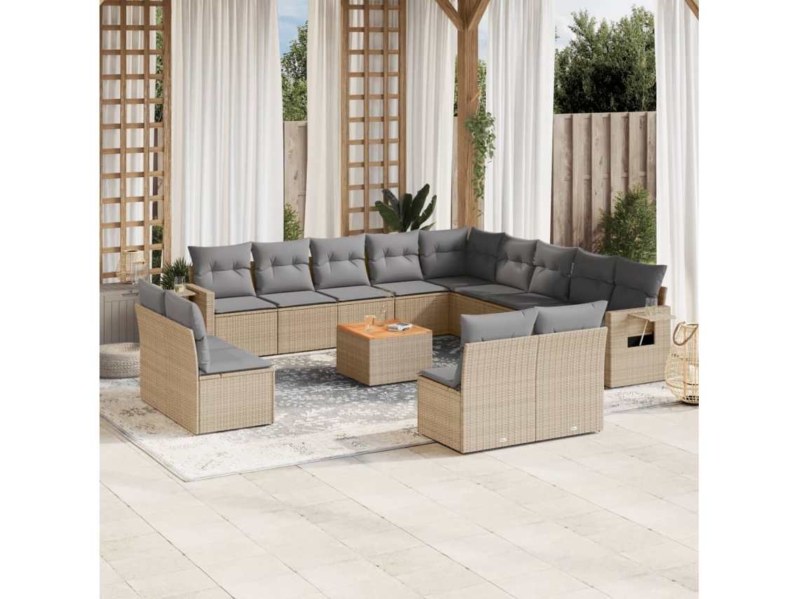 Vidaxl 14 Pcs Conj. Sofás Jardim C/ Almofadões Vime Pe Bege Misturado