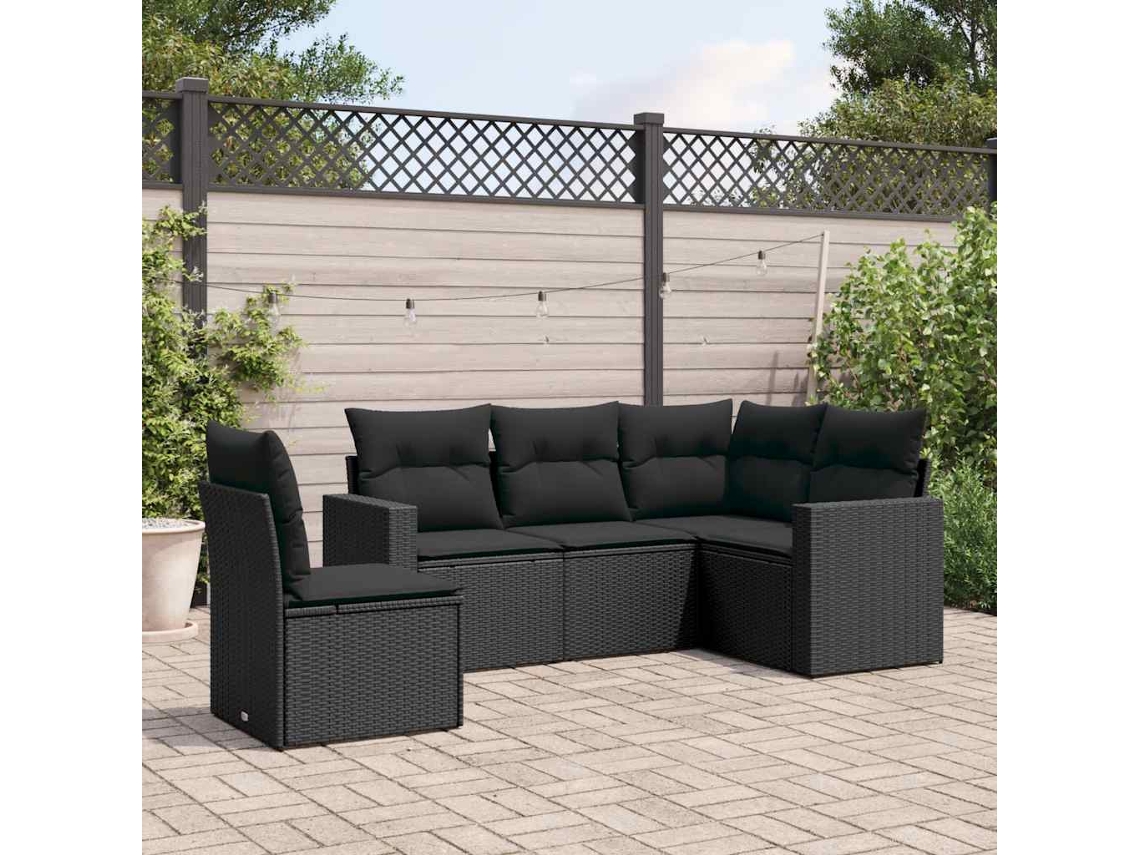 Vidaxl 5 Pcs Conjunto Sofás De Jardim Com Almofadões Vime Pe Preto