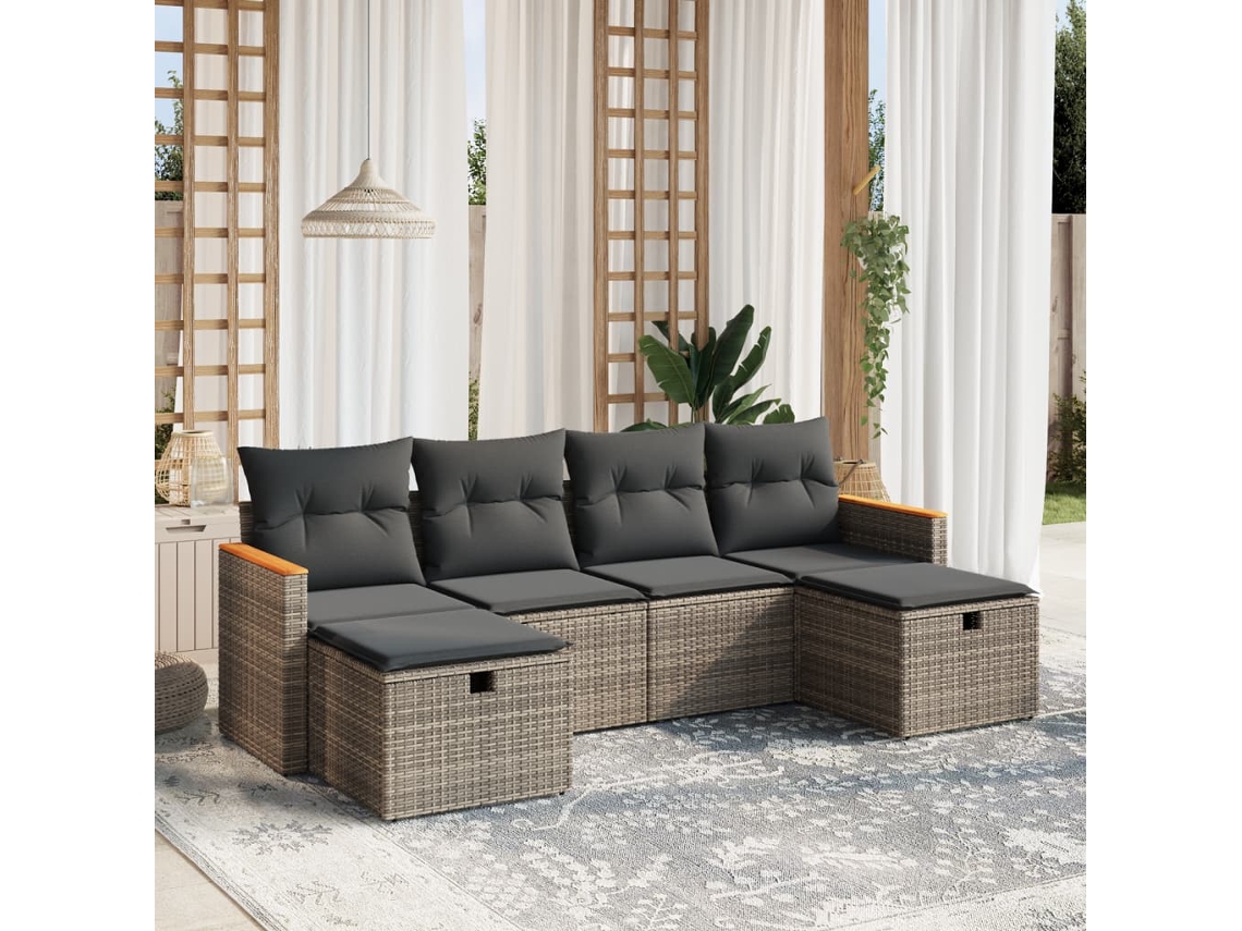 Vidaxl 6 Pcs Conjunto Sofás De Jardim Com Almofadões Vime Cinzento