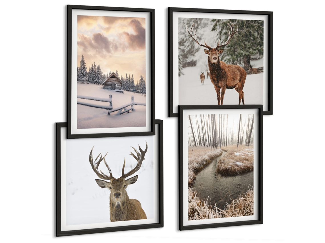 Composição De Quadros Paisagens De Inverno Com Cervo Espelharte (4 Peças)