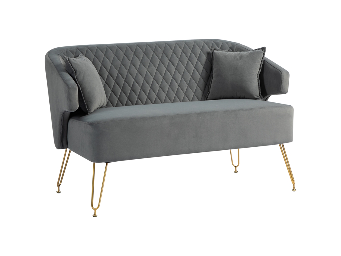 Sofá 2 Lugares Veludo Cinza, 124x69x76 Cm, com 2 Travesseiros, Apoios de Braço, Pernas de Aço, Carga 240 Kg | S/MARCA