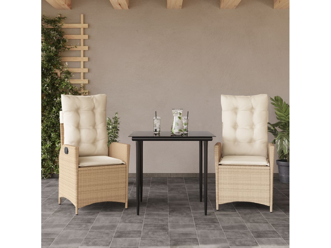 Conjunto 3 Peças Jantar P/ Jardim Com Almofadões Vime Pe Bege Dkd Home Decor