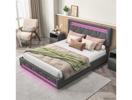 Cama Estofada 140x200, Cama De Casal Com Led E 4 Gavetas, Camas De Arrumação, Cabeceira De Altura Ajustável, Linho, Cinza, Sem Colchão Rosahqnda