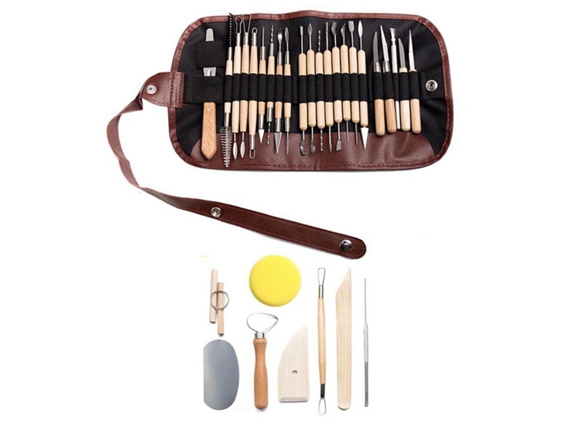 Kit com 30 peças de ferramentas para escultura em argila, incluindo duas pontas para cabochões de madeira, ideal para cerâmica e projetos "faça você mesmo".