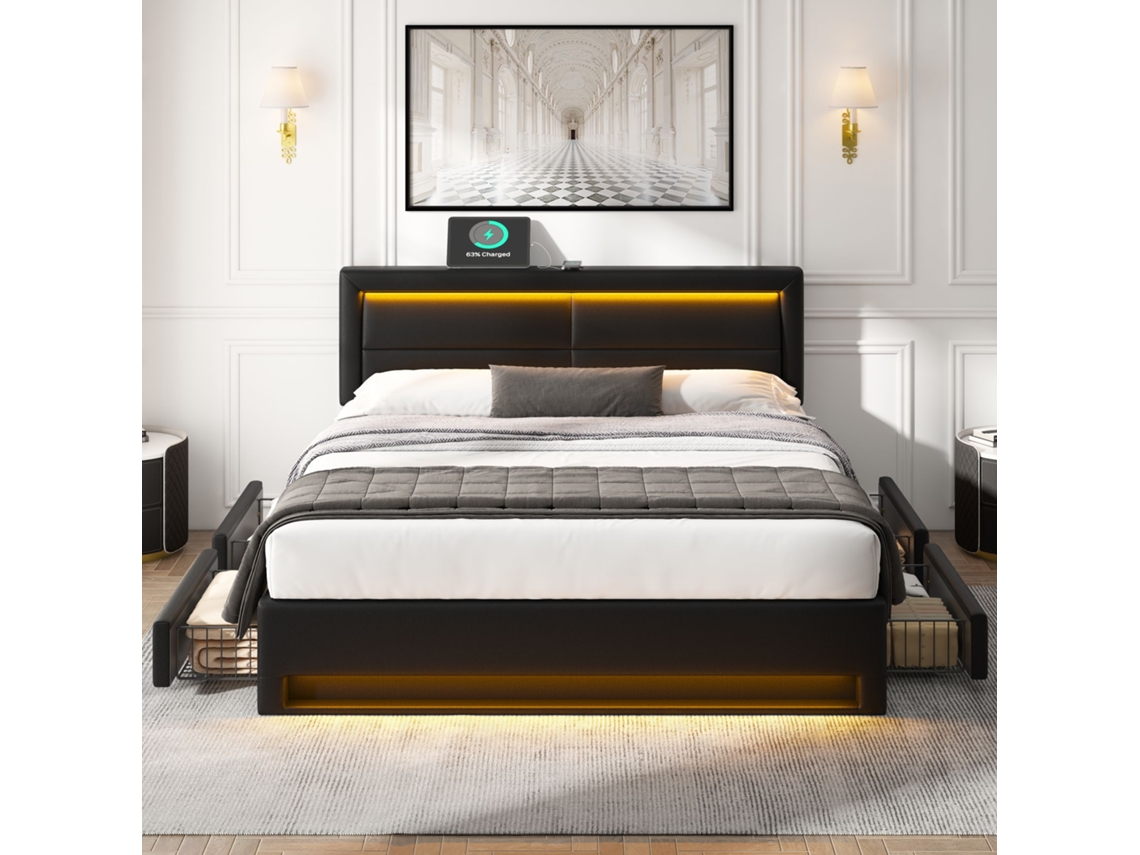 Cobertor Capitonê 140x190 Cm Com Usb , Luz Led, 4 Gavetas, Sem Colchão, Design Pu Licheira, Cor Preta Btforus (carregamento Sem Fio E A Cabo)