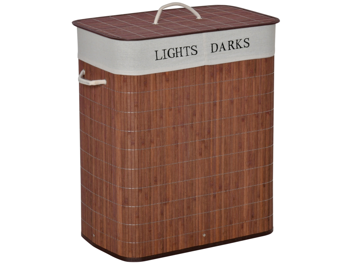 Cesto De Roupa Suja 100l Com 3 Alças E Saco Removível, Bambu, Algodão E Metal, Marrom/branco, 52x32x63 Cm