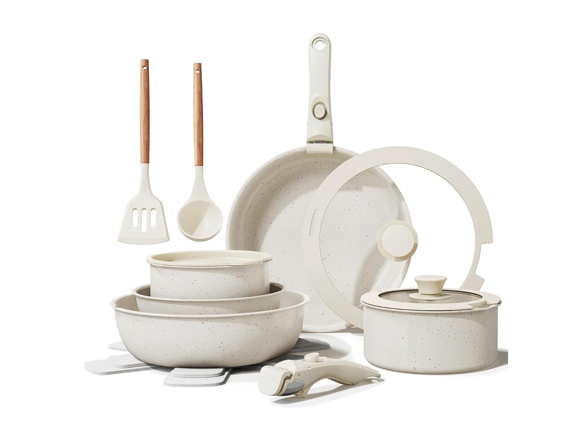Conjunto de 17 peças - Panelas e Frigideiras Klack - Antiaderente com Revestimento em Granito, Alça Removível, Livre de PFOA, Gás, Elétrica, Indução