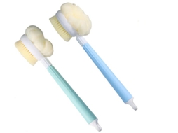 Conjunto de 2 esponjas de banho 2 em 1 com extremidades longas ajustáveis, projetadas para esfoliação da pele e massagem nas costas durante o banho.