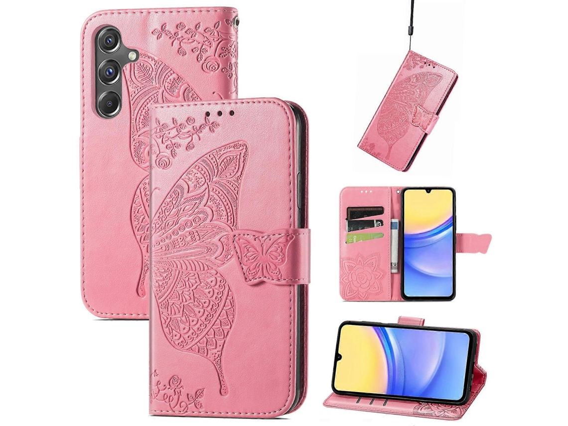 Capa De Celular Em Couro Com Estampa De Borboleta E Flor Para Samsung Galaxy A15
