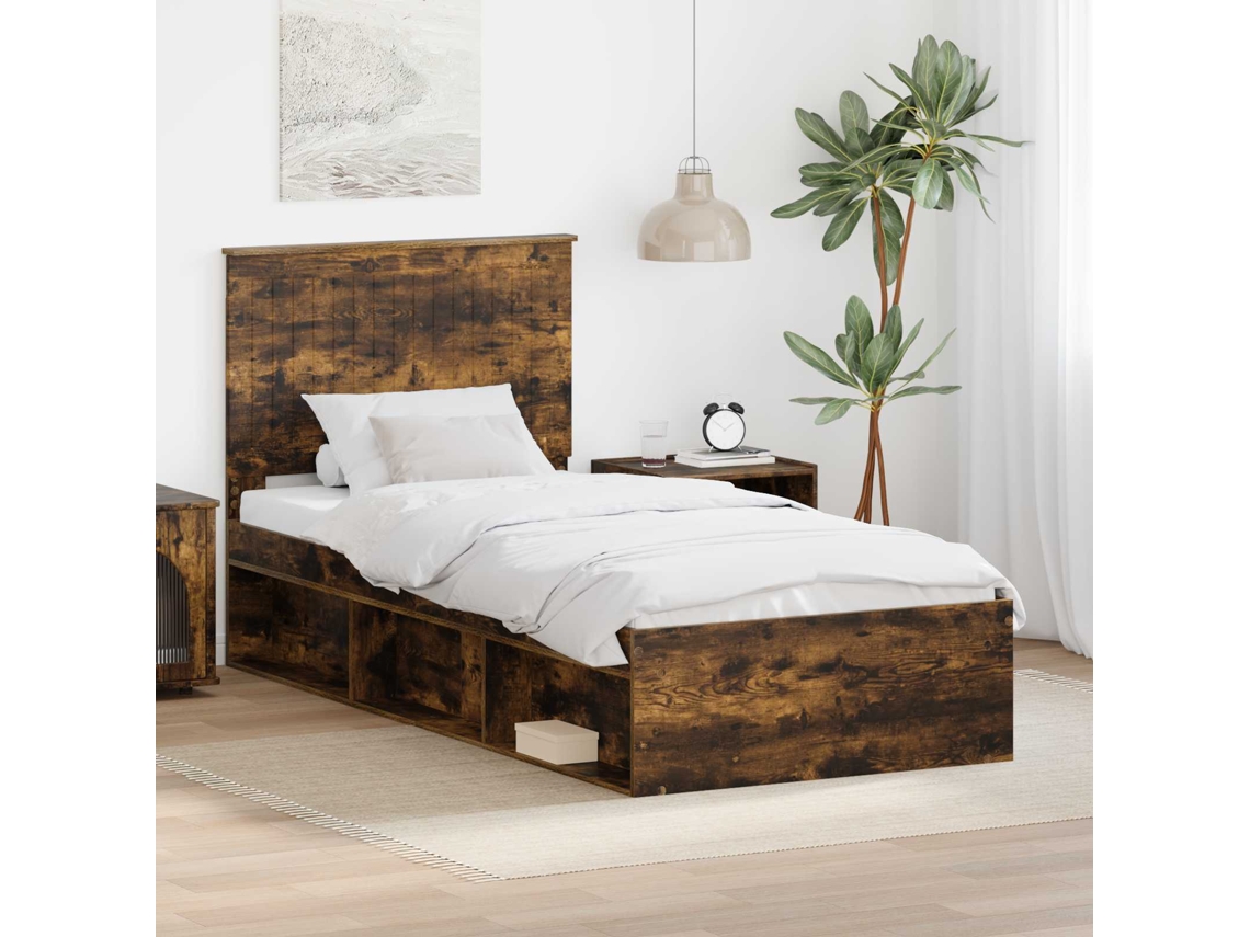 Vidaxl Estrutura Da Cama Com Cabeceira Carvalho Defumado 90 X 200 Cm