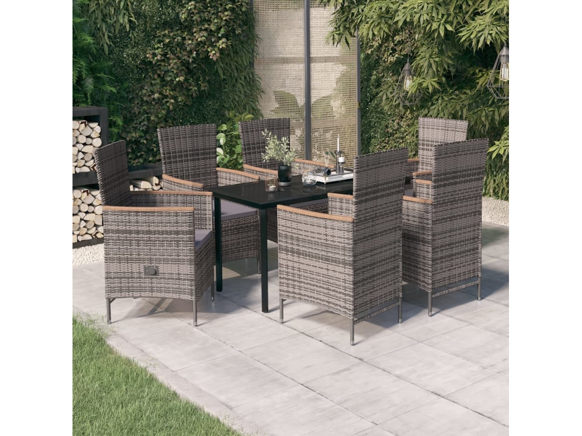 Vidaxl 7 Pcs Conjunto De Jantar Para Jardim Com Almofadões Cinzento