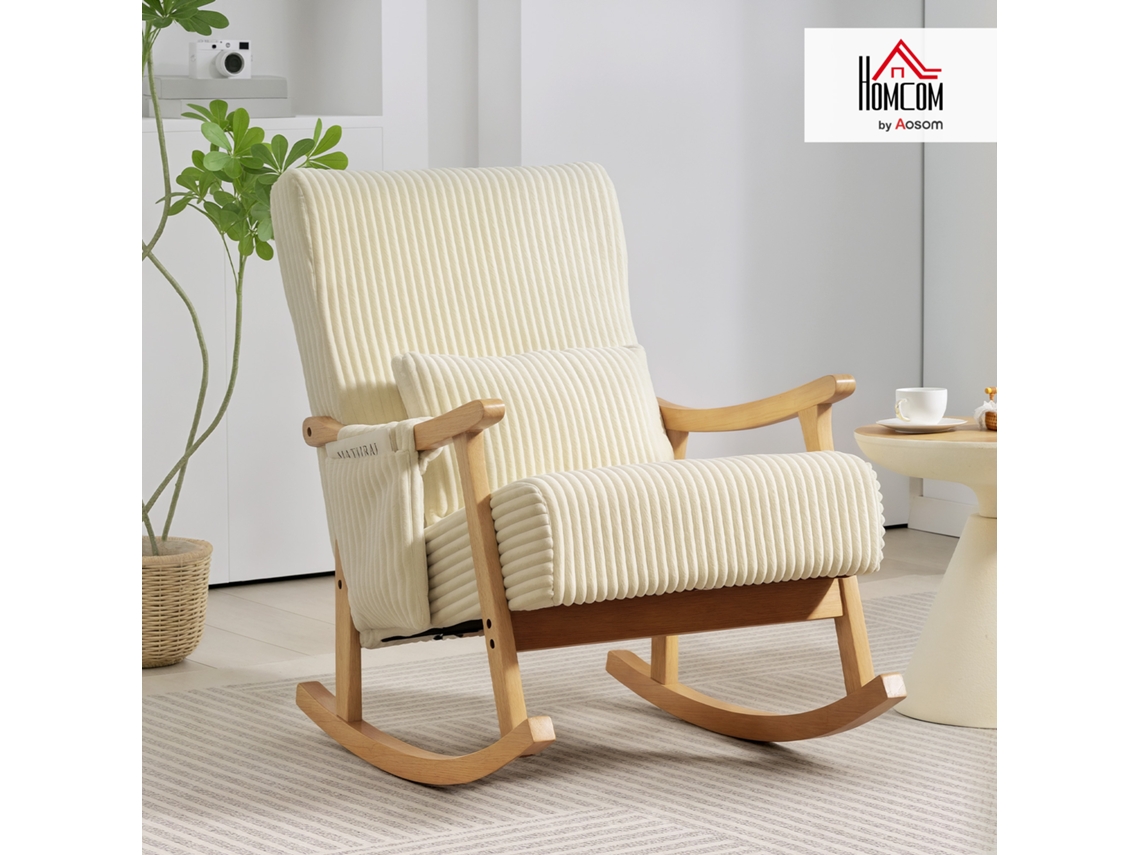 Poltrona De Amamentação Bege 65x90x98 Cm Em Veludo Cotelê, Com Balanço Moderno, Apoio De Braços, Almofada Lombar E Bolso Lateral