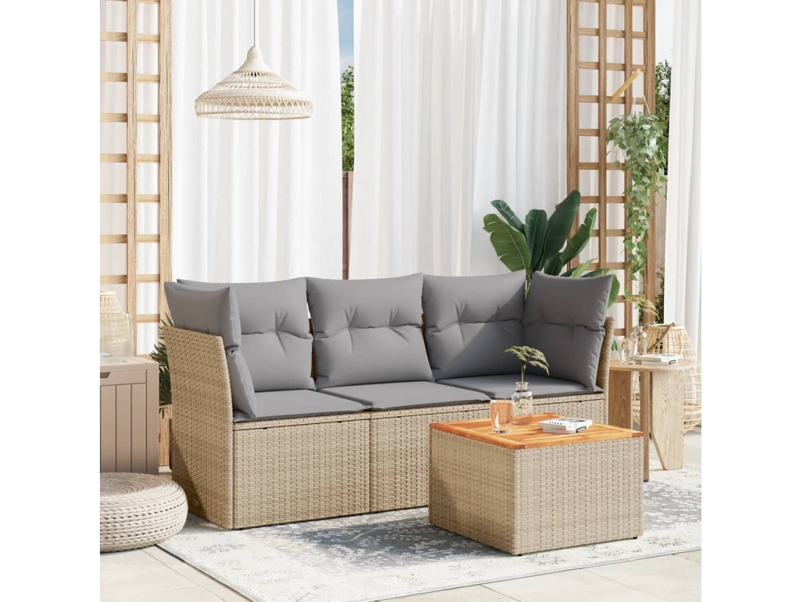 Vidaxl 4 Pcs Conj. Sofás Jardim C/ Almofadões Vime Pe Bege Misturado