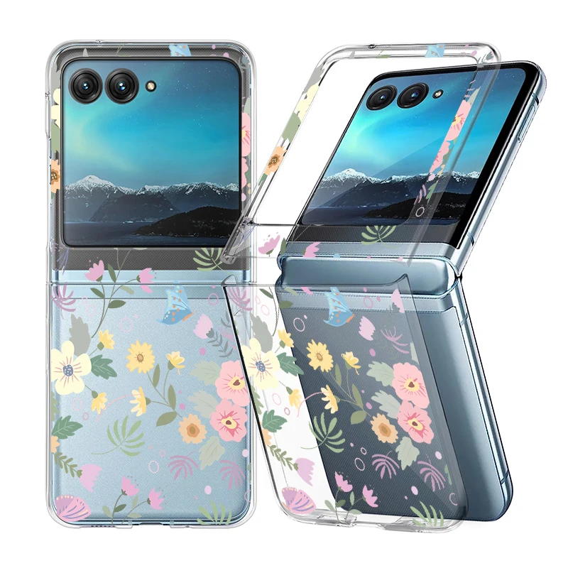 ((a429)razr 60 Ultra) Capa Dobrável Transparente Com Estampa Floral, Resistente A Impactos, Em Pc Rígido.