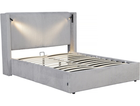 Cama De Casal Em Veludo Cotelê Com Cômoda Integrada E Abajur Cortina - 140 X 190 Cm - Cinza