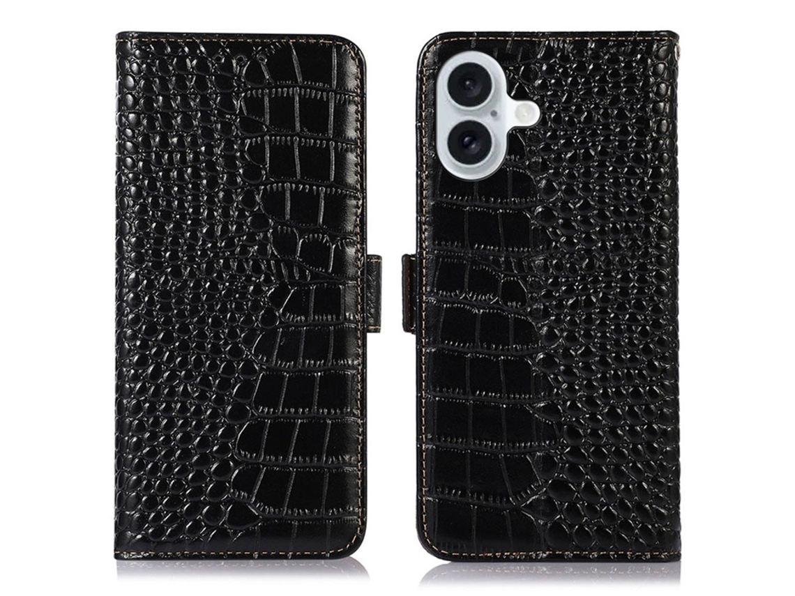 Capa Carteira Para Iphone 17 Em Couro Legítimo De Crocodilo - Preta