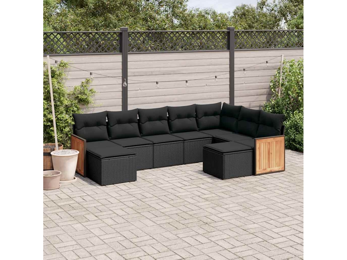 Vidaxl 9 Pcs Conjunto De Sofás P/ Jardim C/ Almofadões Vime Pe Preto
