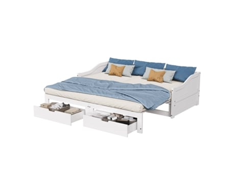 Sofá Cama Extensível De 90/180x200 Cm, Cama Auxiliar Da Mesma Altura Com 2 Gavetas, Cama De Hóspedes Com Estrado De Ripas Mexus