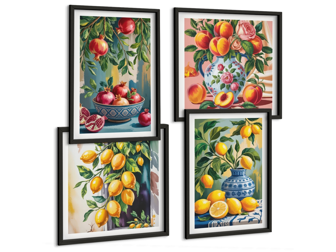 Composição De Quadros Frutas Flores Decoração Rústica Espelharte (4 Peças)