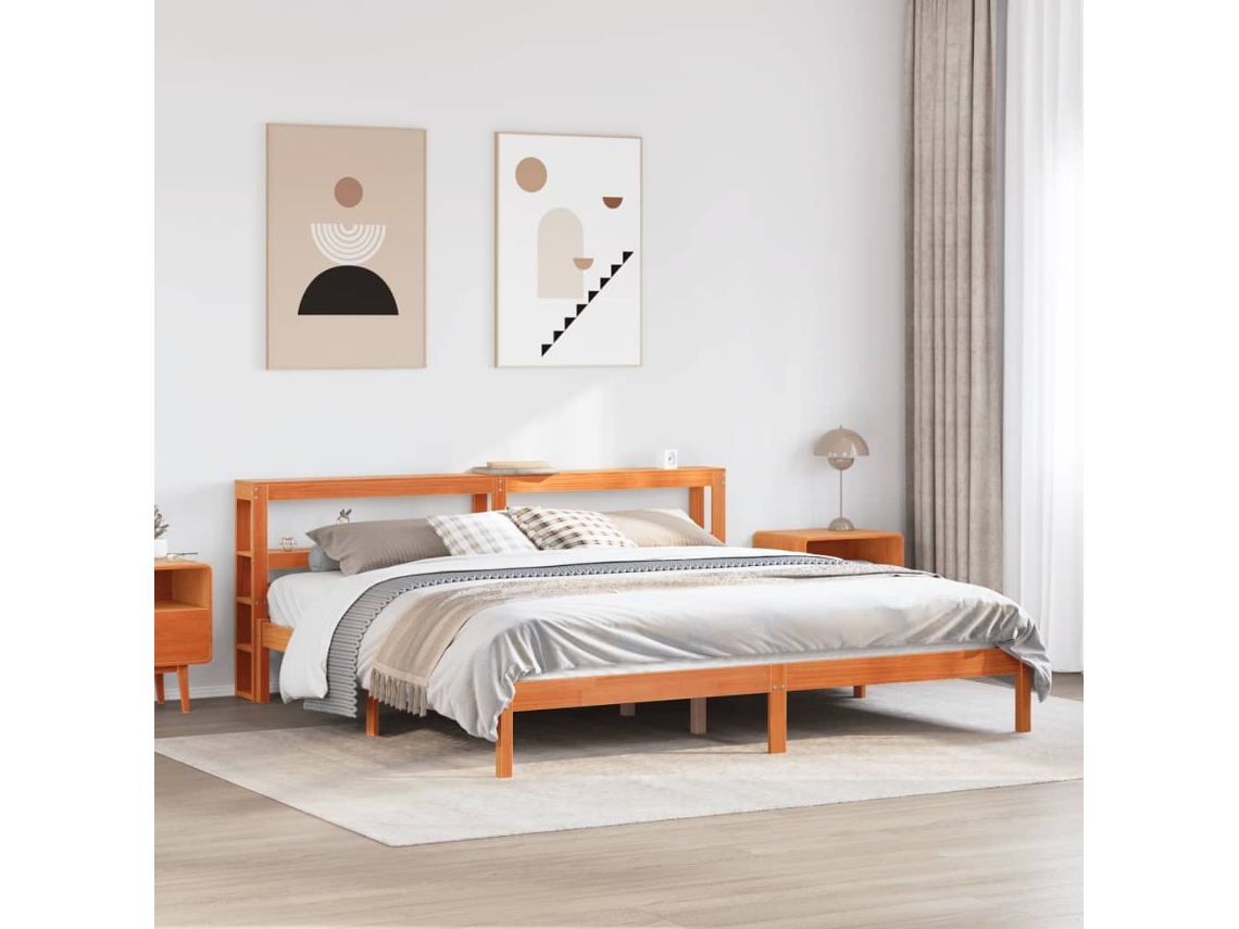 Estrutura Cama C/ Cabeceira 200x200cm Pinho Maciço Castanho-mel